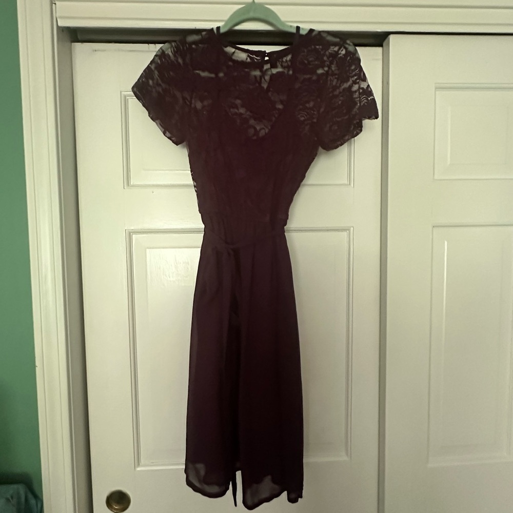 Purple Lace Fit and Flare Midi Dress with Flutter Cap Sleeves